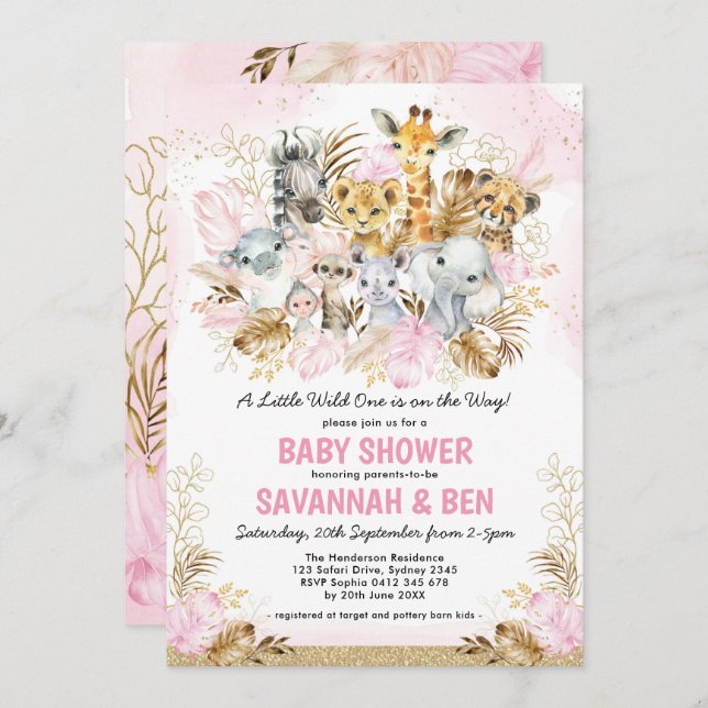 Boho Blush Gold Safari Animals Girl Baby Shower Invitation (Front/Back)
