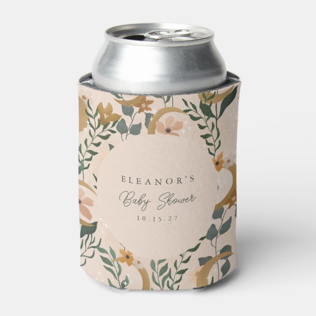 Boho Blush Green Botanical Moon Custom Baby Shower Can Cooler (Can Front)