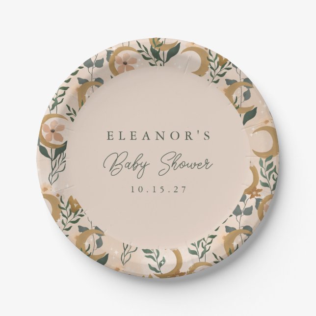 Boho Blush Green Botanical Moon Custom Baby Shower Paper Plate (Front)