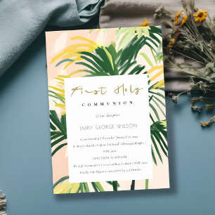 Boho Blush Green Tropic Palm First Holy Communion Invitation