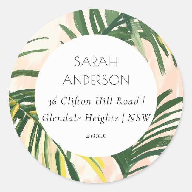 Boho Blush Green Tropical Palm Beach Address Classic Round Sticker (Front)