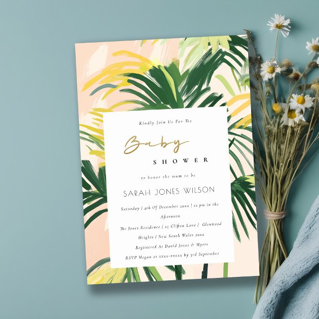 Boho Blush Green Tropical Palm Beach Baby Shower Invitation (Creator Uploaded)