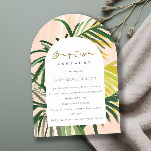 Boho Blush Green Tropical Palm Beach Baptism Invitation