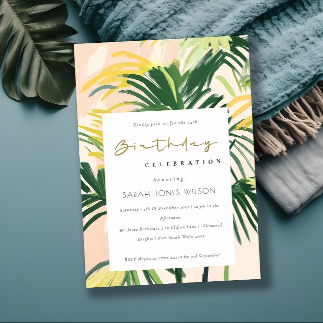 Boho Blush Green Tropical Palm Beach Birthday Invi Invitation (Creator Uploaded)