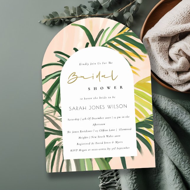 Boho Blush Green Tropical Palm Beach Bridal Shower Invitation (Creator Uploaded)
