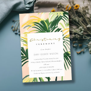 Boho Blush Green Tropical Palm Beach Christening Invitation