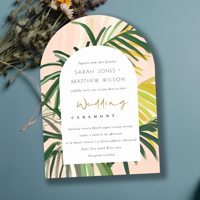Boho Blush Green Tropical Palm Beach Wedding Invitation (Creator Uploaded)