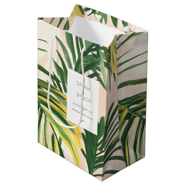 Boho Blush Green Tropical Palm Beach Wedding Medium Gift Bag (Front Angled)