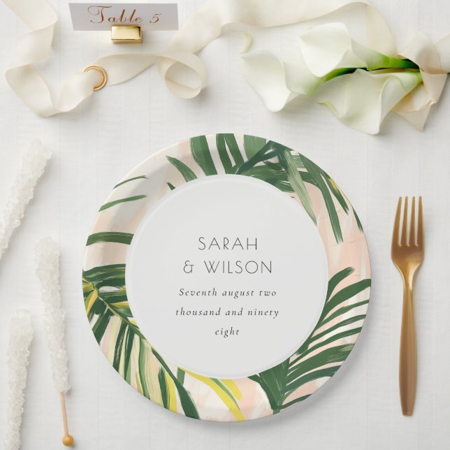 Boho Blush Green Tropical Palm Beach Wedding Paper Plate (Wedding)