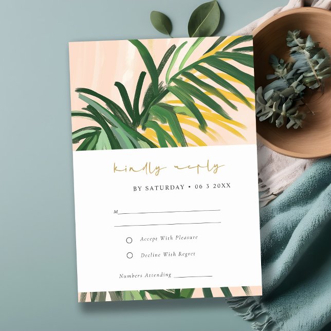Boho Blush Green Tropical Palm Beach Wedding RSVP Card (Creator Uploaded)