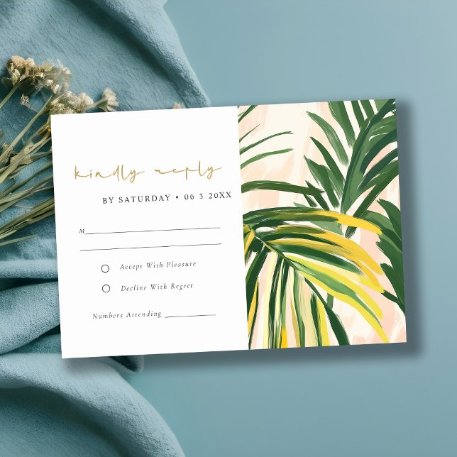 Boho Blush Green Tropical Palm Beach Wedding RSVP Card (Creator Uploaded)