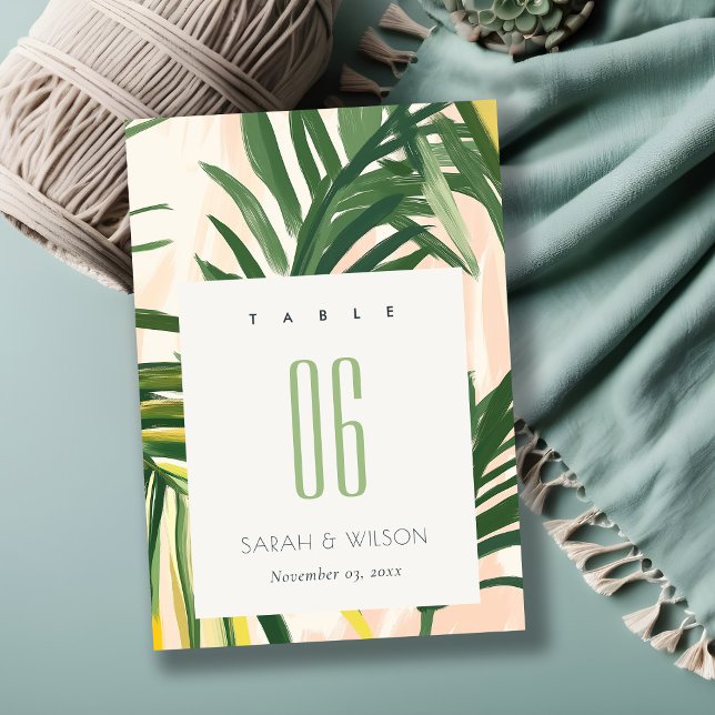 Boho Blush Green Tropical Palm Beach Wedding Table Number (Creator Uploaded)