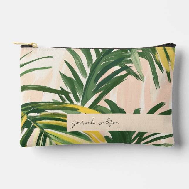 Boho Blush Green Tropical Palm Leaves Beach Accessory Pouch (Front)