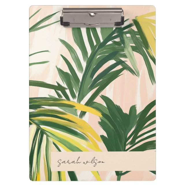 Boho Blush Green Tropical Palm Leaves Beach Clipboard (Front)