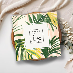 Boho Blush Green Tropical Palm Leaves Beach Logo Square Business Card