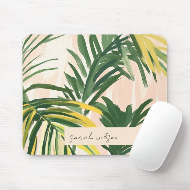 Boho Blush Green Tropical Palm Leaves Beach Mouse Pad (With Mouse)