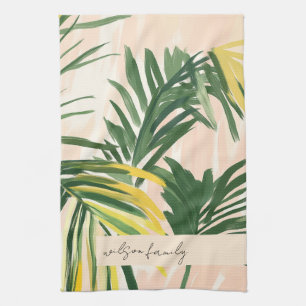 Boho Blush Green Tropical Palm Leaves Beach Tea Towel