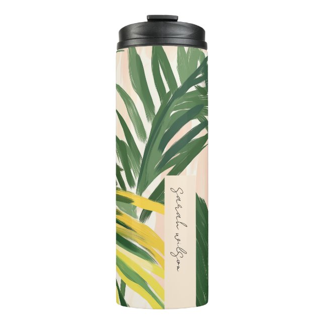 Boho Blush Green Tropical Palm Leaves Beach Thermal Tumbler (Front)