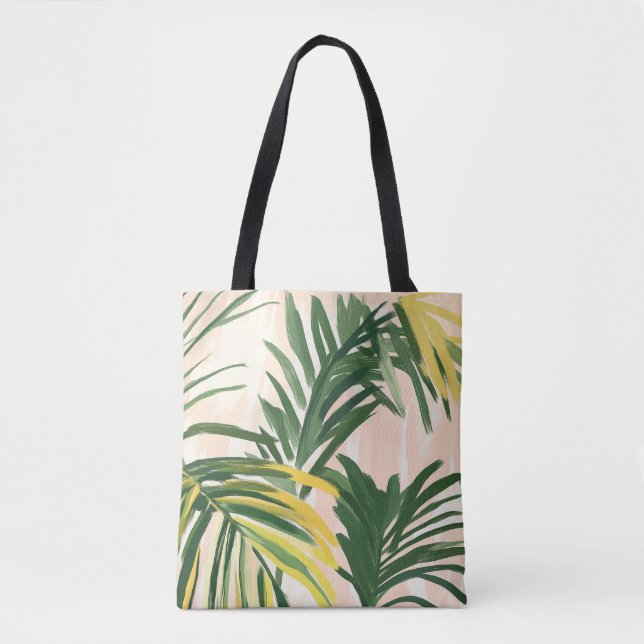 Boho Blush Green Tropical Palm Leaves Beach Tote Bag (Front)