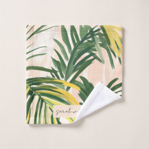 Boho Blush Green Tropical Palm Leaves Beach Wash Cloth