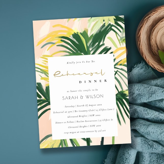 Boho Blush Green Tropical Palm Rehearsal Dinner Invitation (Creator Uploaded)