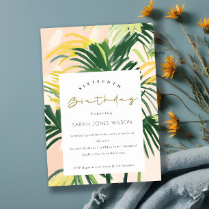 Boho Blush Green Tropical Palm Sweet 16 Birthday Invitation