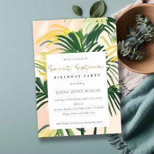 Boho Blush Green Tropical Palm Sweet 16 Birthday Invitation