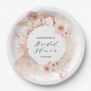 Boho Blush Pampas Glitter Dress Bridal Shower Paper Plate