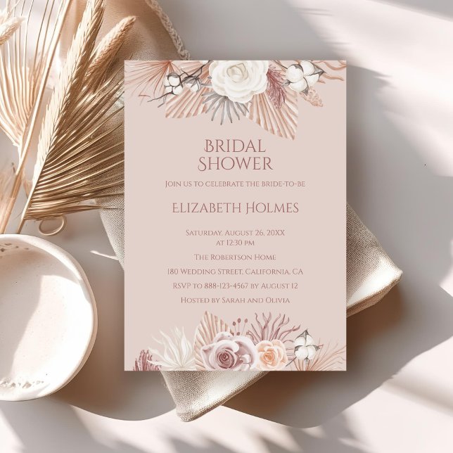 Boho Blush Pampas Grass and Dried Flowers Invitation (Boho Blush Pampas Grass and Dried Flowers Invitation on a neutral boho table.)