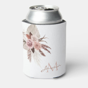 Boho Blush Pampas Grass Floral Monogram Can Cooler