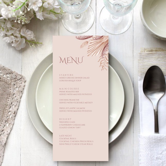 Boho Blush Pampas Grass Wedding Menu Card (Boho Blush Pampas Grass Wedding Menu Card on a white wedding table)