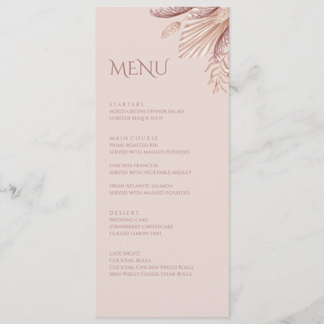 Boho Blush Pampas Grass Wedding Menu Card (Front)