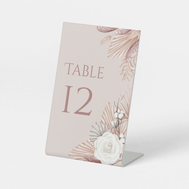 Boho Blush Pampas Grass Wedding Table Number Pedestal Sign (Front)