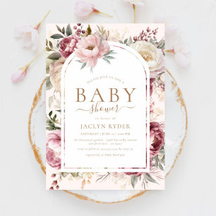 Boho Blush Peonies Floral Baby Girl Shower Invitation