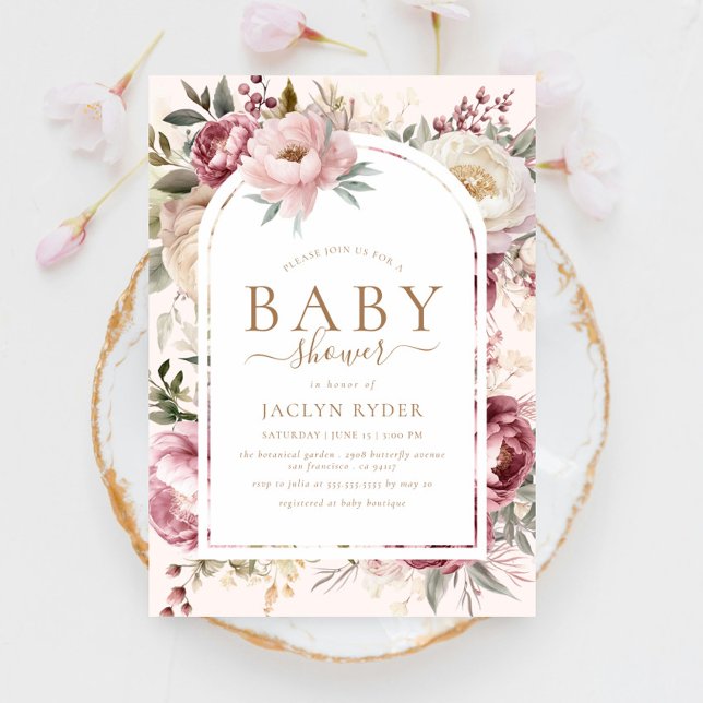 Boho Blush Peonies Floral Baby Girl Shower Invitation (Creator Uploaded)