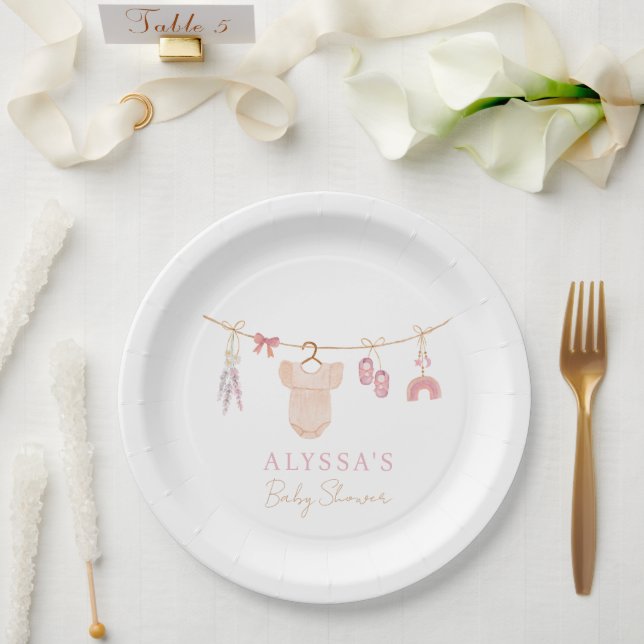 Boho Blush Pink Baby Clothes Girl Baby Shower Paper Plate (Wedding)