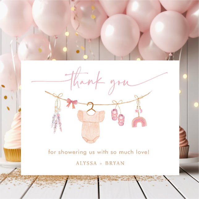 Boho Blush Pink Baby Clothes Girl Baby Shower Thank You Card (Creator Uploaded)