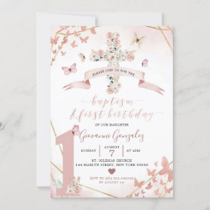 Boho Blush Pink Butterfly Baptism & 1st Birthday Invitation
