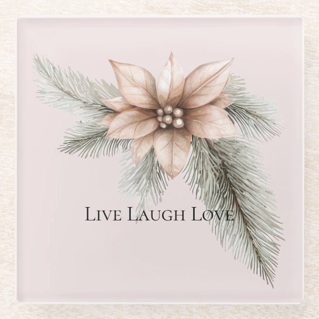 Boho Blush Pink Christmas Floral  Glass Coaster (Front)