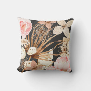 Boho Blush Pink Cream Brown Watercolor Floral Cushion
