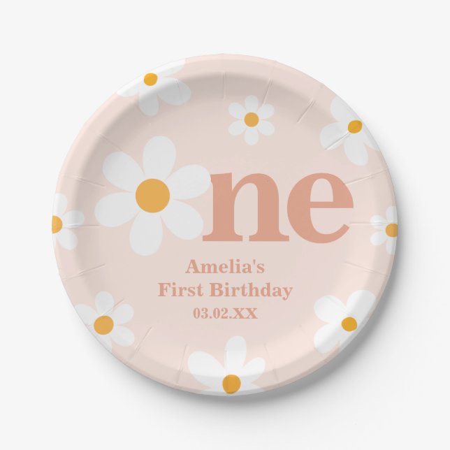 Boho Blush Pink Daisy 1st Birthday  Paper Plate (Front)
