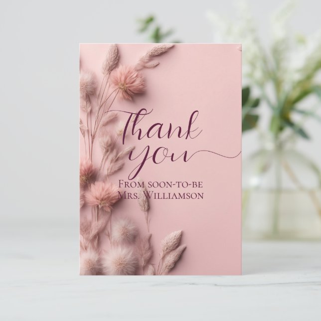 Boho Blush Pink Dried Wildflowers Bridal Shower Thank You Card (Standing Front)