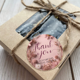 Boho Blush Pink Dried Wildflowers Script Thank You Classic Round Sticker