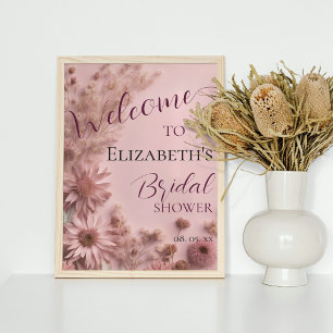 Boho Blush Pink Dried Wildflowers Script Welcome Poster