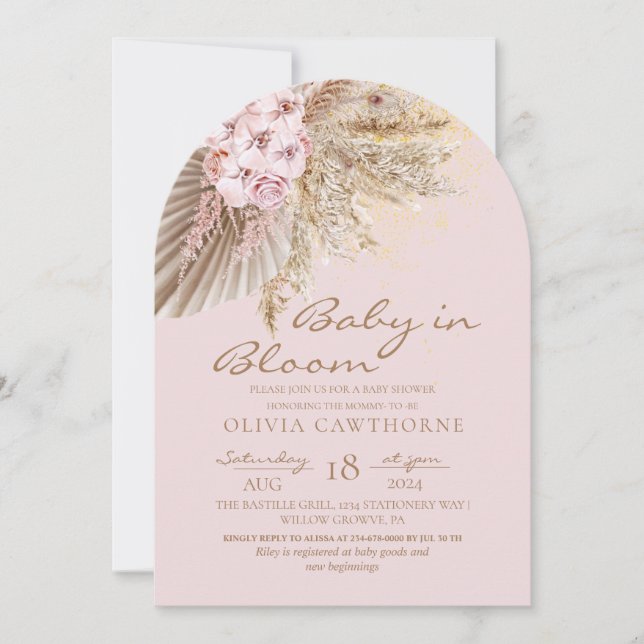  Boho Blush Pink Elegant Floral Baby Shower  Invitation (Front)