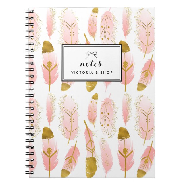 Boho Blush Pink Feathers Gold Foil Personalised Notebook (Front)