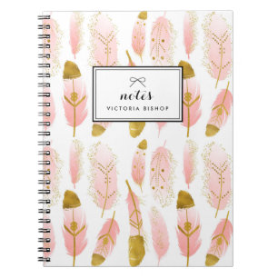 Boho Blush Pink Feathers Gold Foil Personalized Notebook