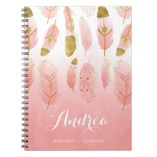 Boho Blush Pink Feathers Ombre Personalised Notebook