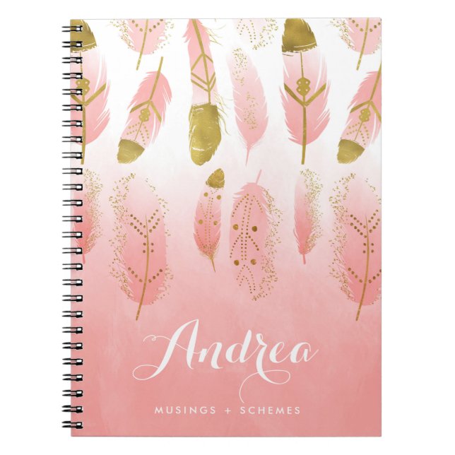 Boho Blush Pink Feathers Ombre Personalised Notebook (Front)