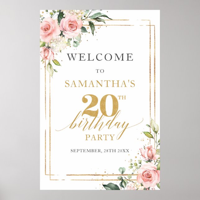 Boho blush pink floral 20th birthday welcome poster (Front)